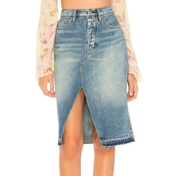 Free People We The Free Suzanne Distressed Blue Denim Skirt A Line Midi Size 30 - Picture 2 of 13